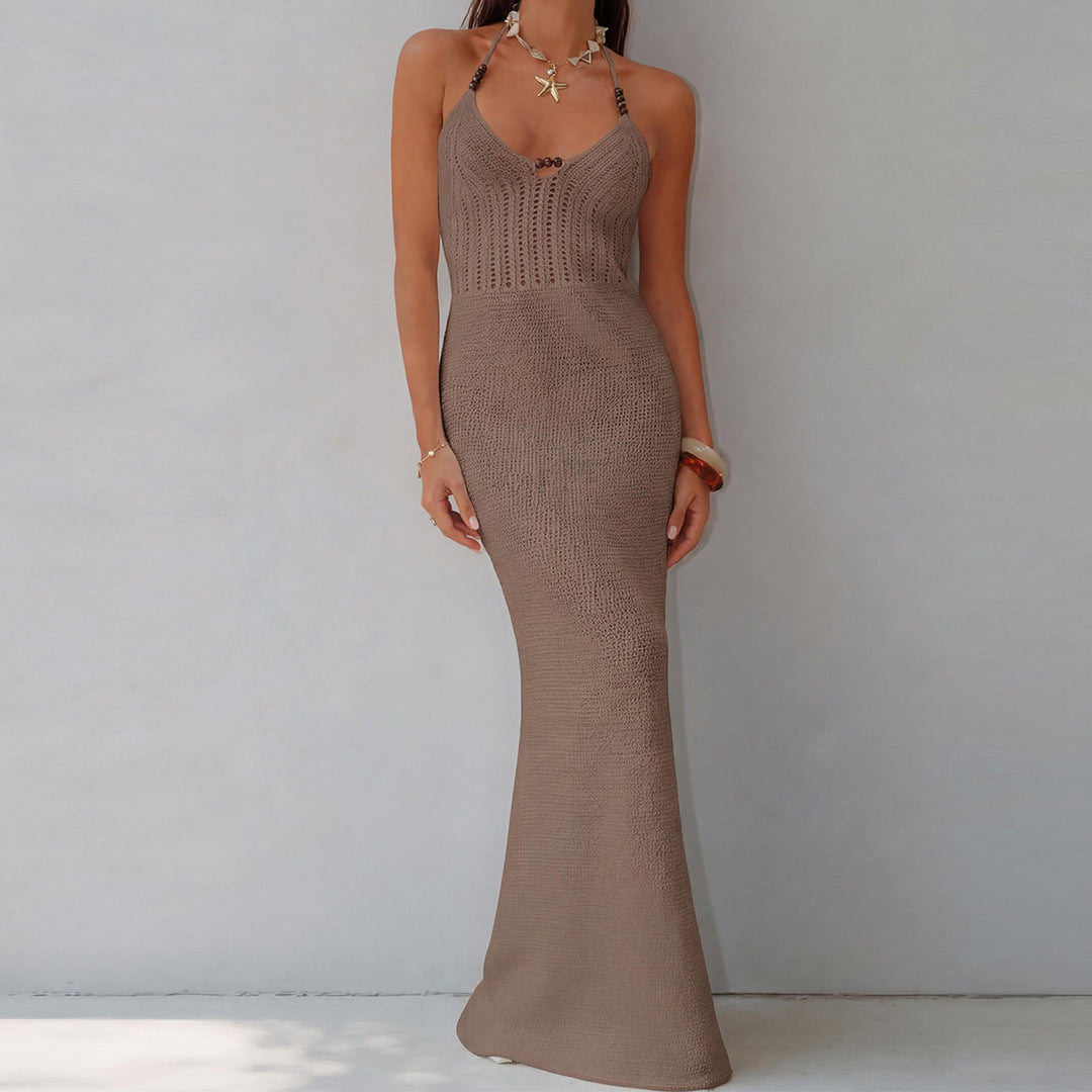 Damen elegantes Strickmaxikleid mit raffinierten Details EB