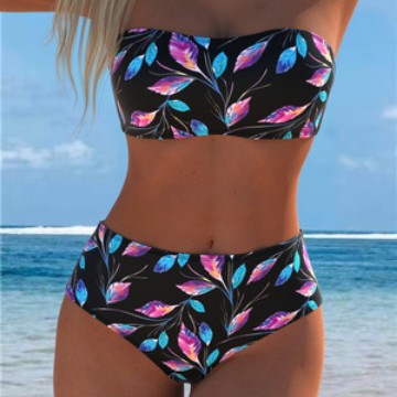 Damen Bandeau-Bikini mit hohem Taillenschnitt und kontrastierendem Blumendesign EB