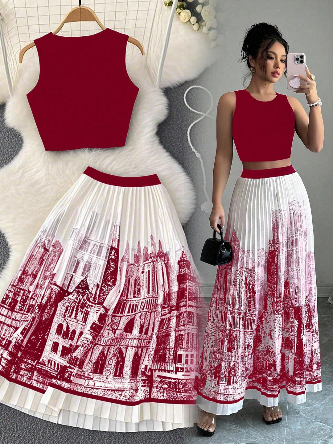 Damen-Set aus ärmellosem Crop-Top und weitschwingendem Maxirock im urbanen Design EB