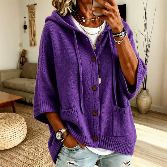 Damen Oversize Kapuzen-Cardigan mit Holzknöpfen und kastiger Silhouette EB