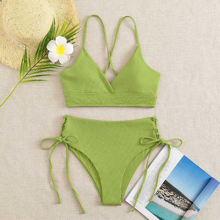 Damen Hochtaillierter Bikini mit verstellbaren Schnürdetails EB