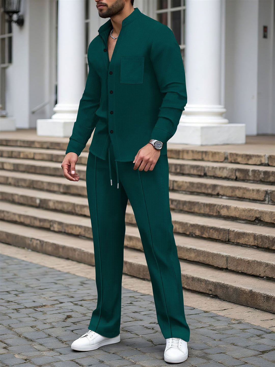 Herren nan lässiges Hemd-Hose Lounge-Set aus strukturiertem Baumwollmischgewebe EB