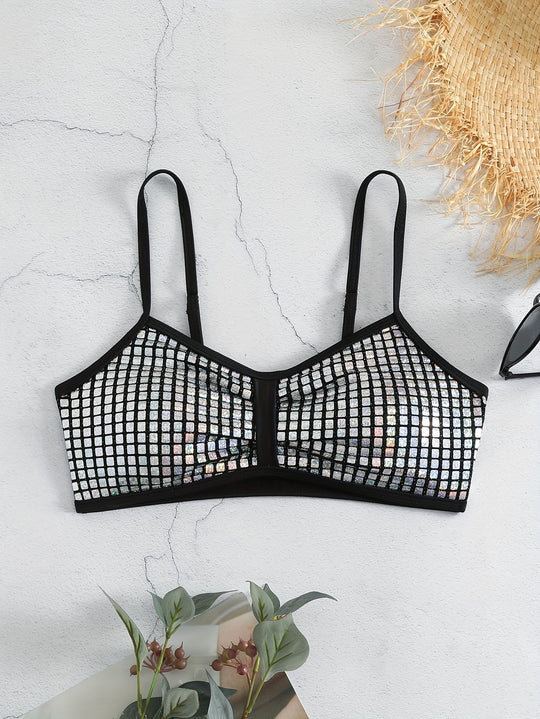 Damen Crop-Bikini-Top mit glitzerndem Netzdesign EB