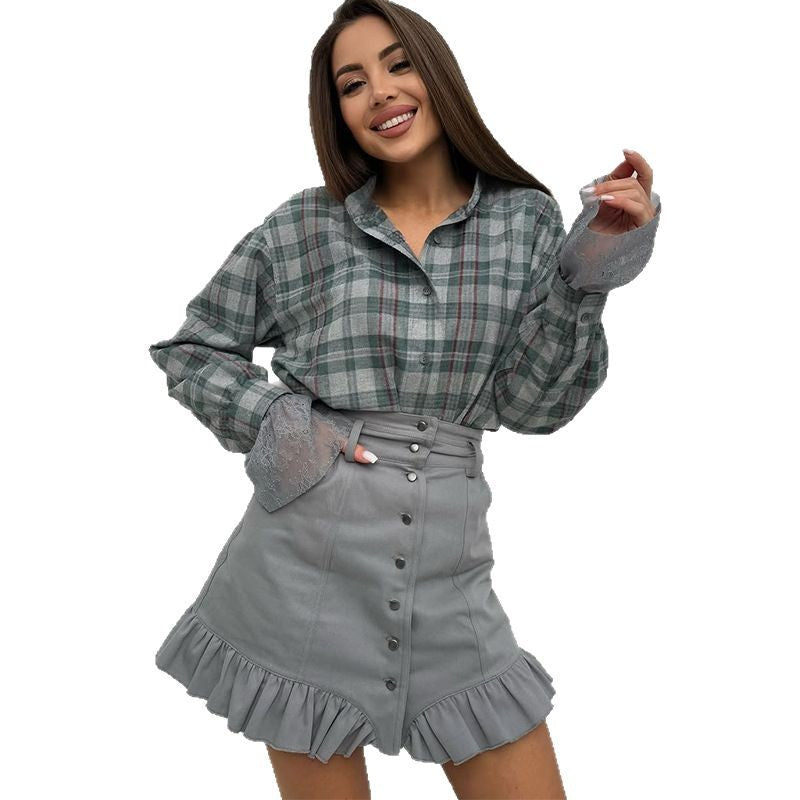 Damen modische Bluse mit Spitzenärmel und Rüschenrock EB