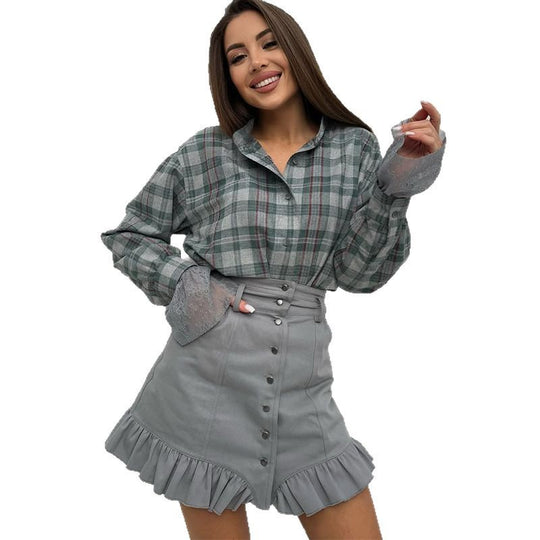 Damen modische Bluse mit Spitzenärmel und Rüschenrock EB