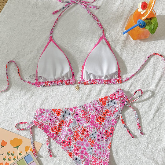 Damen Triangel-Bikini mit verstellbarem Bindeband und femininem Blütenmuster EB