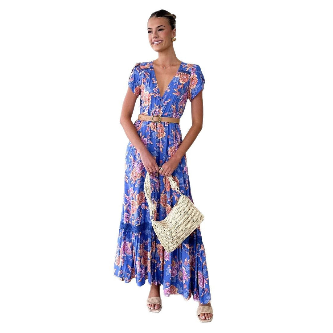 Damen Maxikleid mit elegantem V-Ausschnitt und femininen Rüschendetails EB