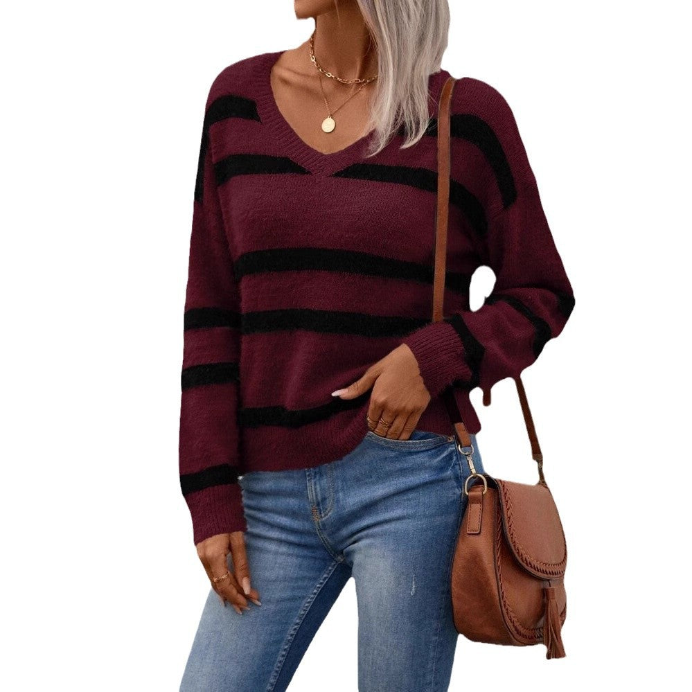 Damen V-Ausschnitt Pullover mit breiten Streifen und kuscheligem Material EB