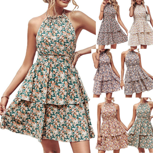 Damen Sommerliches Kleid mit fließendem Rock und floralem Design EB