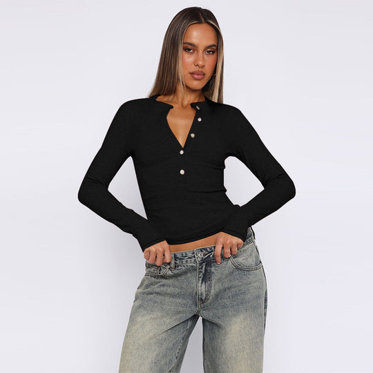 Damen Langarmshirt mit Knopfleiste und figurbetontem Schnitt EB