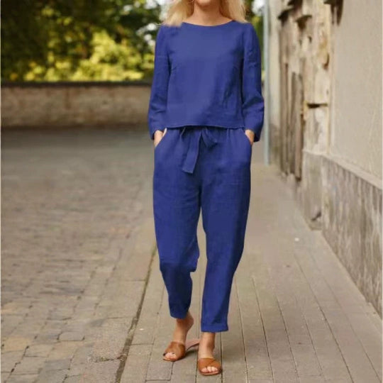 Damen Lässiges Leinen-Loungewear-Set mit Rundhalsausschnitt, Bindegürtel und knöchellanger Hose EB