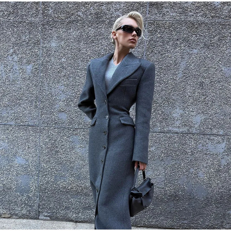 Damen Eleganter Wollmantel mit tailliertem Schnitt und langen Ärmeln EB