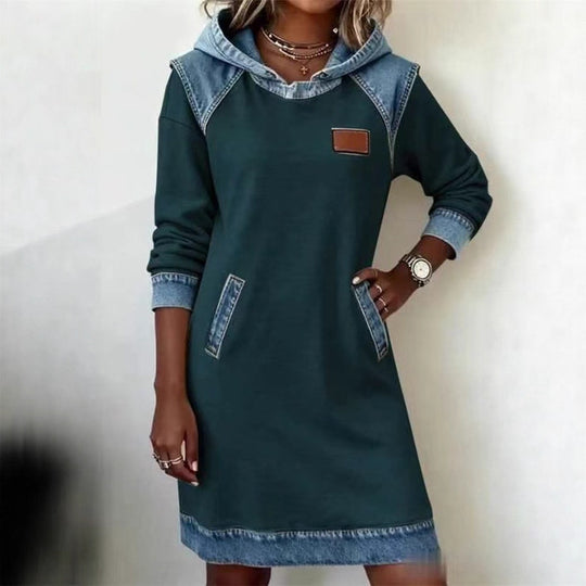 Damen nan Kapuzen-Sweatkleid mit Jeans-Applikationen, Kängurutaschen und lässigem Schnitt EB