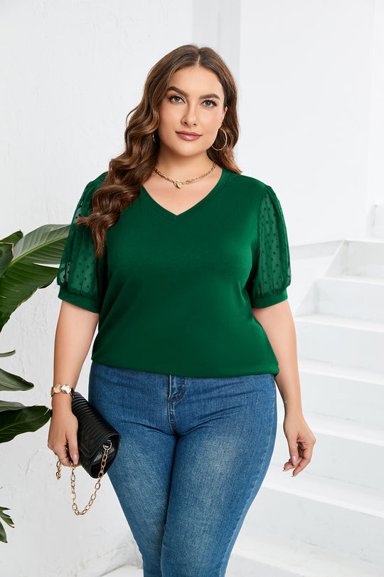 Damen elegantes Blusenshirt mit transparenten Puffärmeln und V-Ausschnitt EB