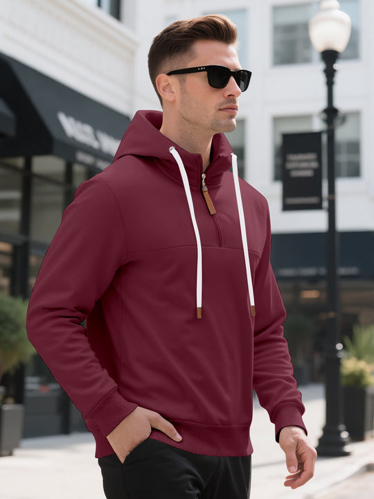 Herren Halbzip-Kapuzenpullover mit Stehkragen, Kordelzug und Lederdetails EB