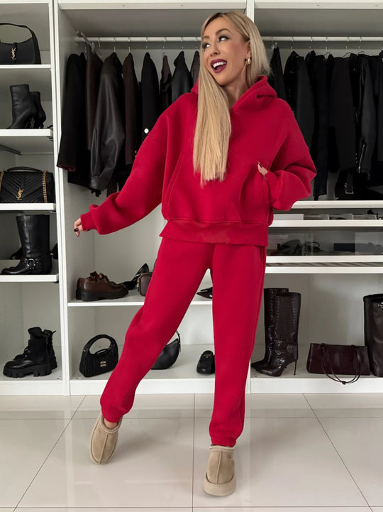 Damen Kurzgeschnittenes Kapuzen-Hoodie und High‑Waist Jogginghose Set aus weichem French-Terry EB