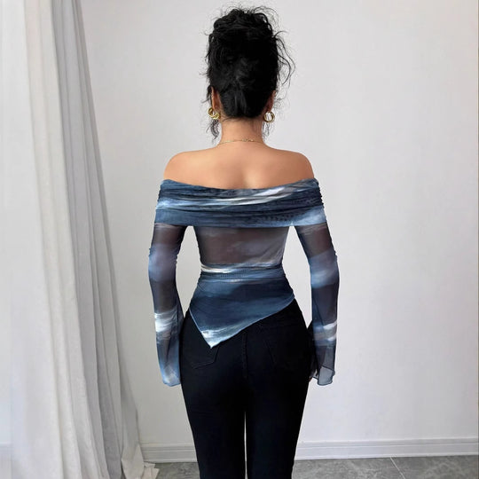Damen nan schulterfreies Mesh-Wickeltop mit asymmetrischem Zipfelsaum und langen ausgestellten Ärmeln EB