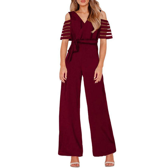 Damen Eleganter Jumpsuit mit transparenten Ärmel-Details und Taillengürtel EB