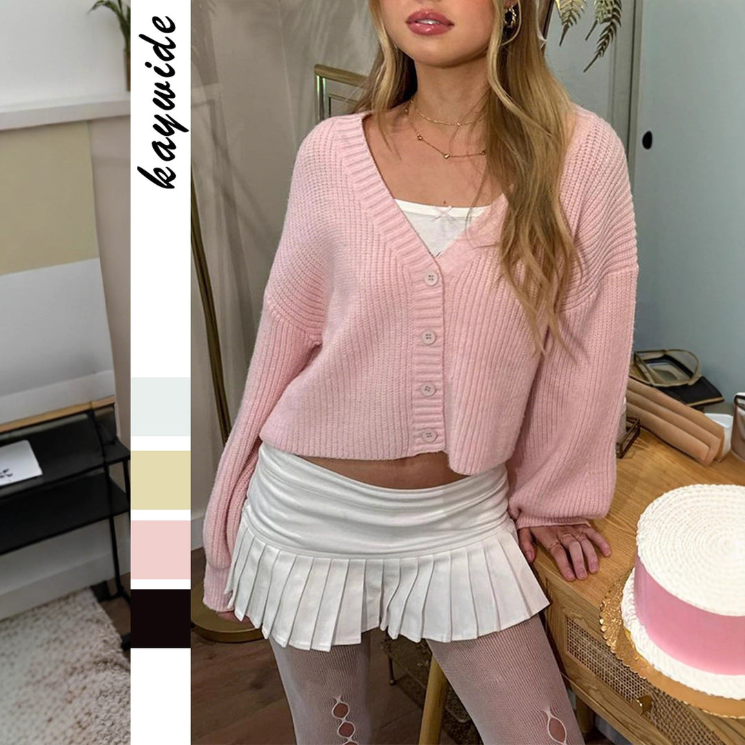 Damen nan kurzes Rippstrick-Cardigan mit Oversize-Balloonärmeln und Knopfleiste EB