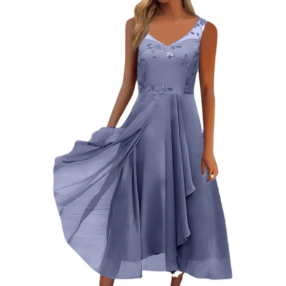 Damen nan A-Linien-Chiffonkleid mit floralem Stickoberteil, V-Ausschnitt, drapiertem Godet-Schwung und verdeckten Seitentaschen EB