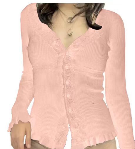 Damen Strickoberteil mit romantischem Spitzenbesatz und Rüschendetails EB