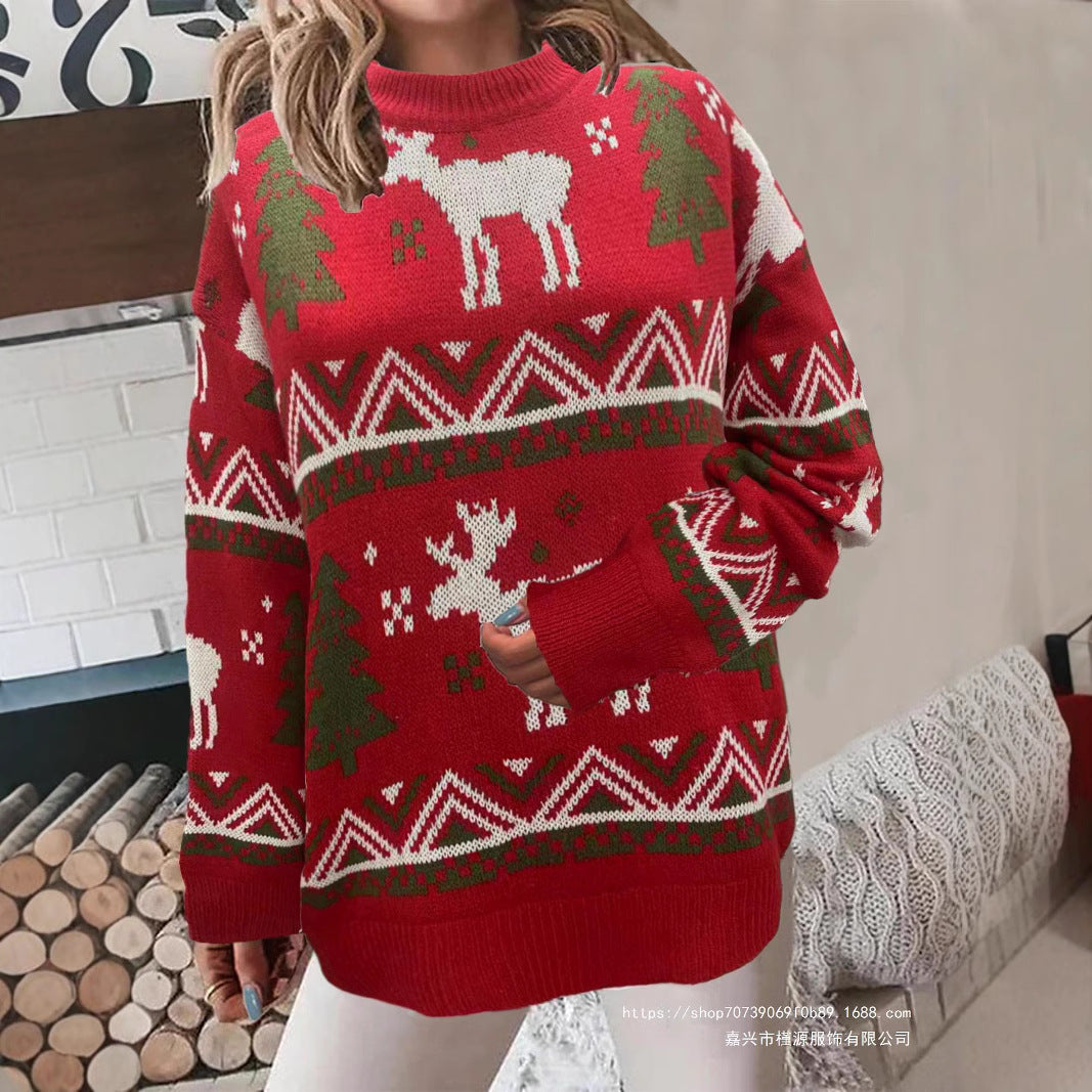 Damen Gemütlicher Weihnachts-Pullover mit festlichem Motiv und hoher Passform EB
