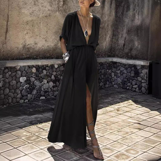 Damen Elegantes Maxikleid mit tiefem V-Ausschnitt und hohem Schlitz EB