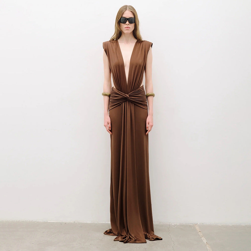 Damen elegantes Maxikleid mit tiefem V-Ausschnitt und drapiertem Bund EB