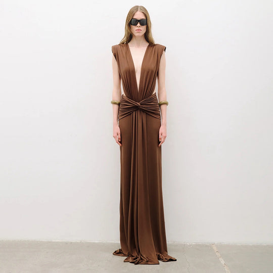 Damen elegantes Maxikleid mit tiefem V-Ausschnitt und drapiertem Bund EB