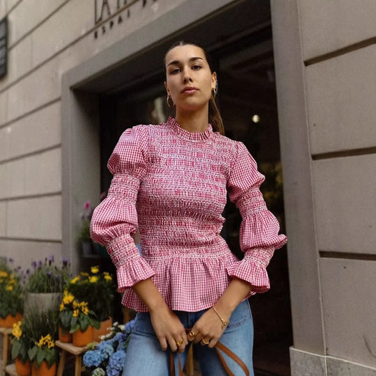 Damen Rüschenbluse mit Gingham-Muster und eleganten Puffärmeln EB