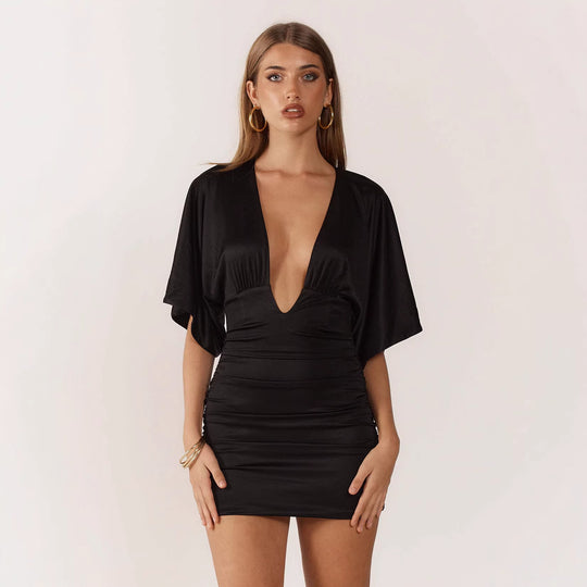 Damen Mini-Raffkleid mit tiefem V-Ausschnitt und fließenden Ärmeln EB