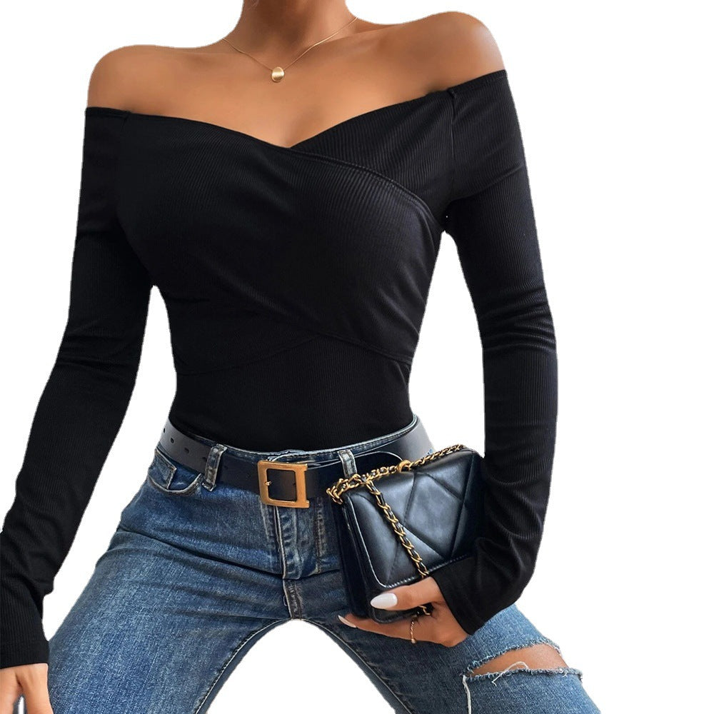 Damen schulterfreies Langarm-Rippstretch-Top mit Wickeloptik und figurbetonter Passform Eichborn Berlin
