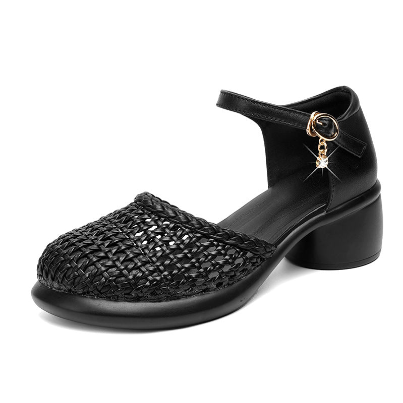 Damen elegante Riemchen-Sandaletten mit dekorativem Geflecht und komfortablem Blockabsatz EB