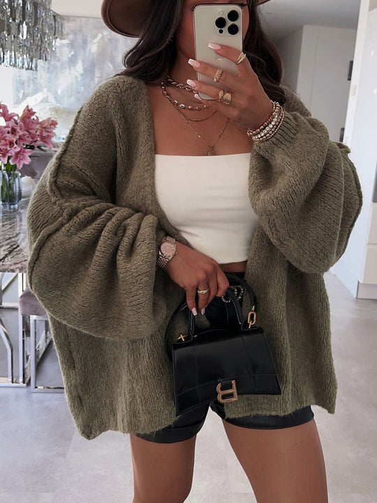 Damen oversized Strickjacke mit lässigen Ballonärmeln und strukturiertem Material EB