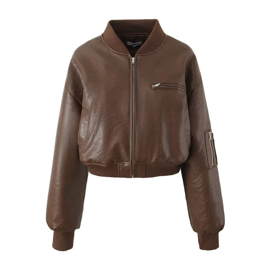 Damen cropped Kunstlederjacke mit Reißverschluss und praktischen Taschen EB