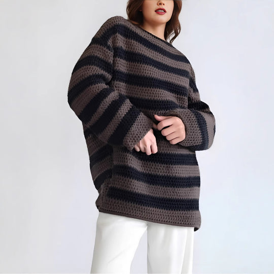 Damen lässiger Strickpullover mit kontrastierenden Streifen und weitem Schnitt EB