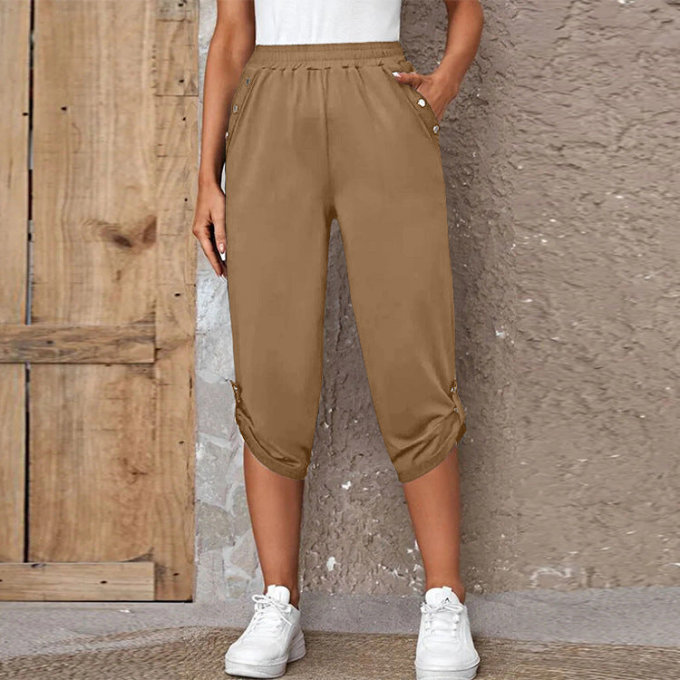 Damen nan lässige dreiviertellange Hose mit elastischem Bund, Eingrifftaschen und krempelbarem Saum EB