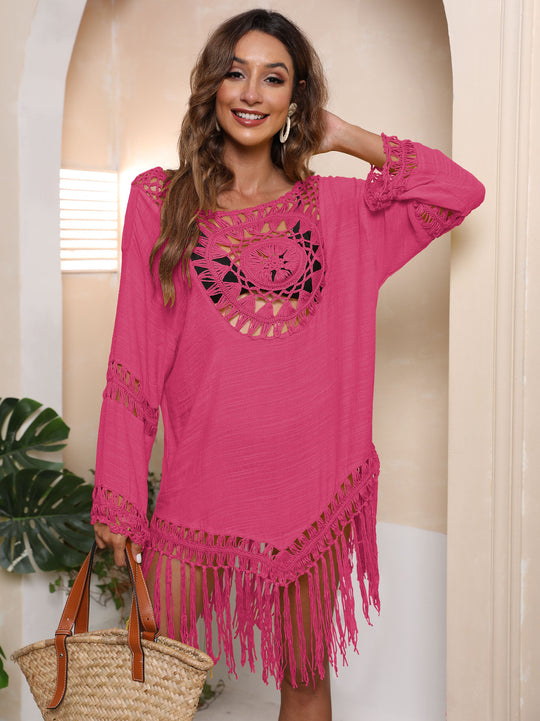 Damen Häkel-Strandkleid mit fransigen Details EB