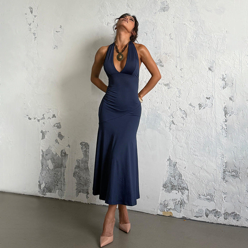 Damen elegantes Maxikleid mit tiefem V-Ausschnitt und raffiniertem Schleifendetail EB