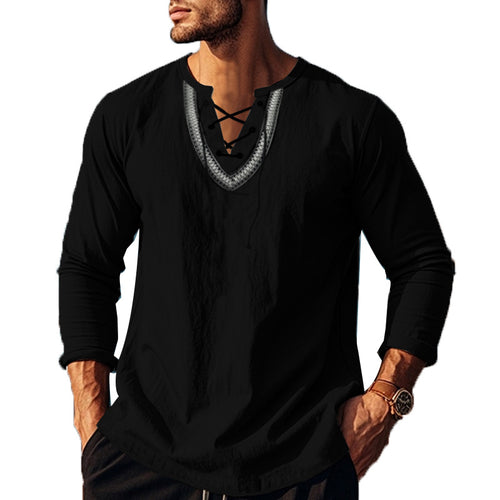 Herren Langarm-Henley-Shirt mit dekorativer Schnürung und lässigem Schnitt EB