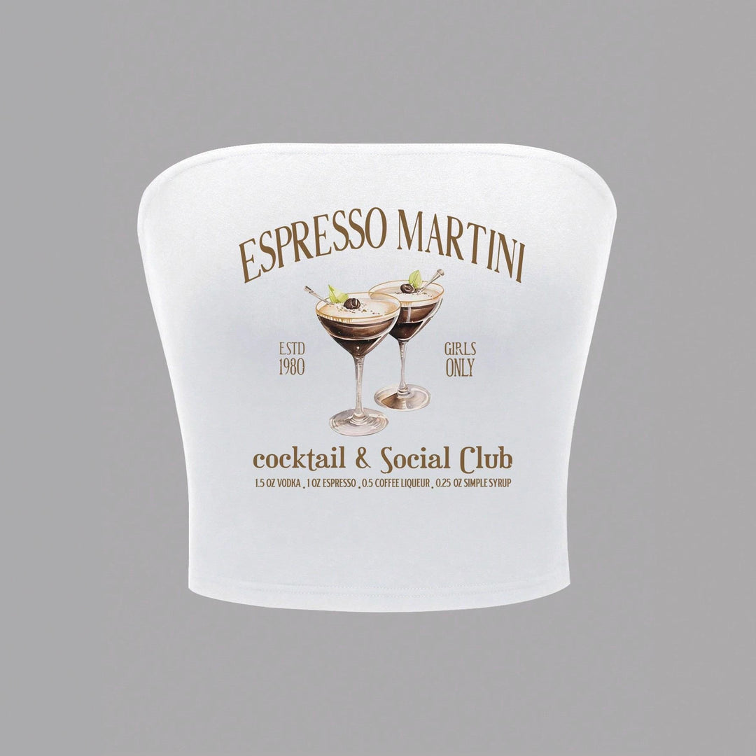 Damen Bandeau Top mit Espresso Martini Aufdruck und figurbetontem Schnitt EB