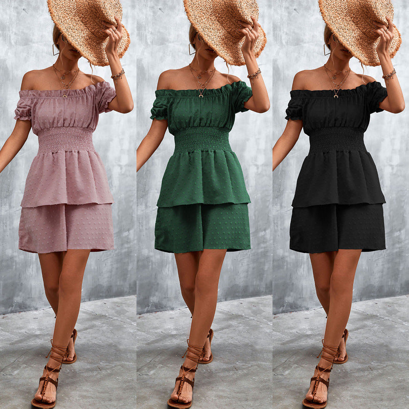 Damen Off-Shoulder Sommerkleid mit rüschenförmigem Saum und elastischem Taillenbund EB