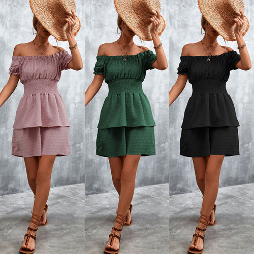Damen Off-Shoulder Sommerkleid mit rüschenförmigem Saum und elastischem Taillenbund EB