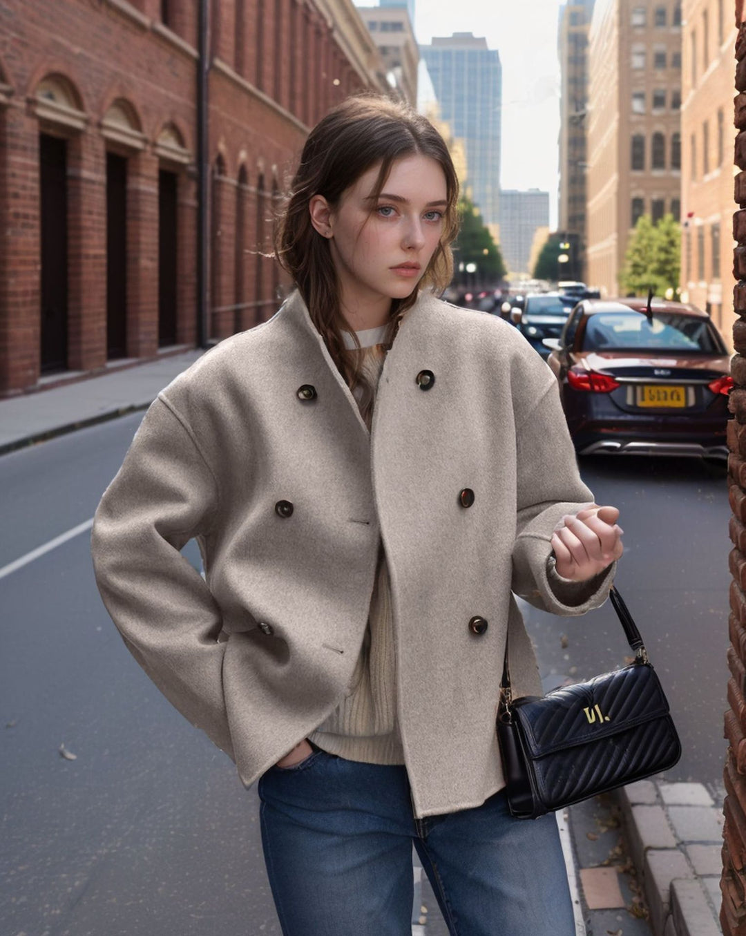 Damen modische Kurzjacke mit doppelter Knopfreihe und lässigen Ärmeln EB