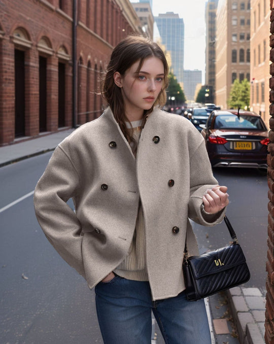 Damen modische Kurzjacke mit doppelter Knopfreihe und lässigen Ärmeln EB