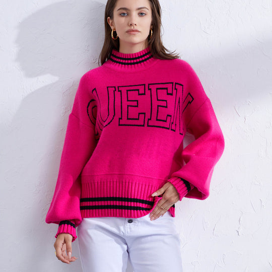 Damen sportlicher Pullover mit hohem Kragen und modischem Schriftzug EB