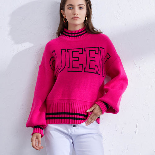 Damen sportlicher Pullover mit hohem Kragen und modischem Schriftzug EB