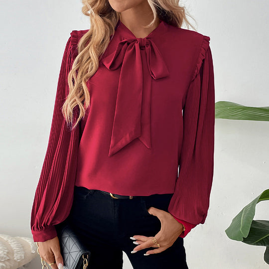 Damen elegante Bluse mit Rüschendetails und Schluppenkragen EB