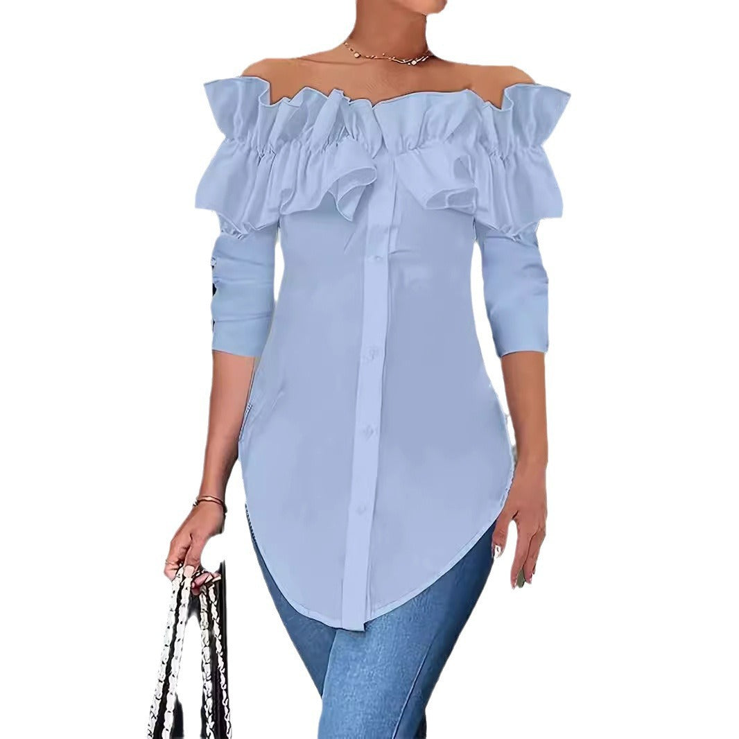 Damen Off-Shoulder Bluse mit Rüschen und Knopfleiste EB