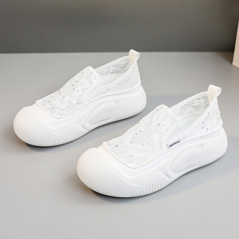 Damen bequeme Slip-On Sneakers mit luftiger Spitze und elastischem Riemen EB